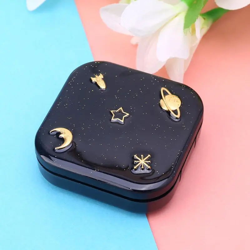 

Stars Moon Contact Lens Case For Women With Mirror Kit Holder Portable Contact Lenses Box Black