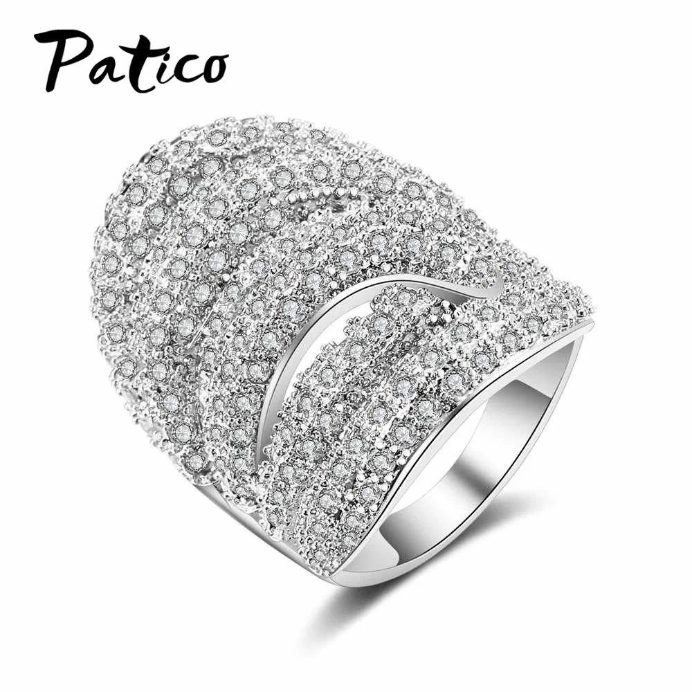 

PATICO Luxury Wide Zirconia Women Rings S90 Silver With Oval Clear AAA CZ Crystal Stone Wide Round Rings Bague Jewelry