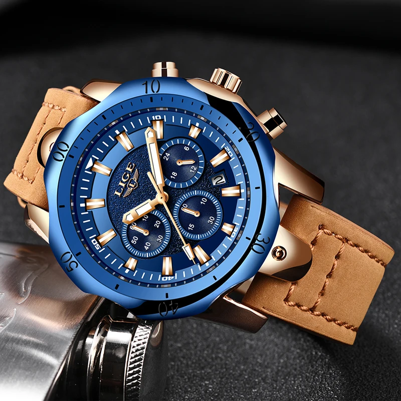 2019 LIGE Mens Watches Brand Luxury Blue Quartz Watch Men Casual Leather Military Waterproof Sport