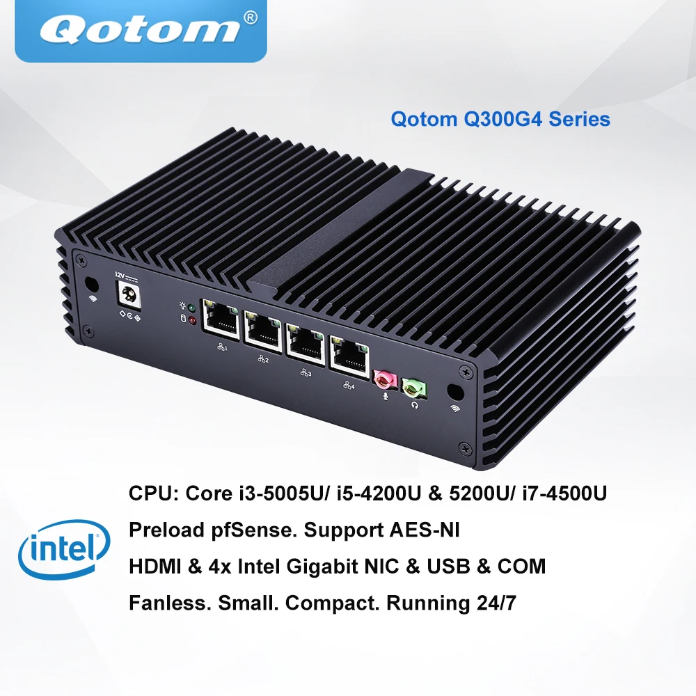 QOTOM Pfsense Mini PC with Core i3 i5 i7 processor and 4 Gigabit NICs, support AES-NI, Serial, Fanless Mini PC PFSense