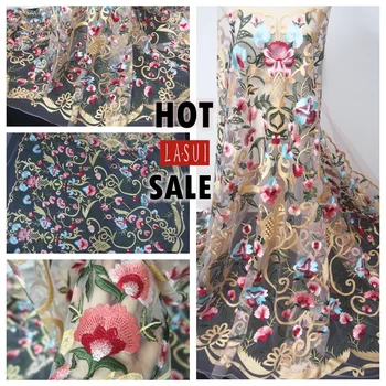 

LASUI 1Y Good quality selling delicate MulticolorGold thread high density embroidery lace fabric Baby black whitemeshX0141