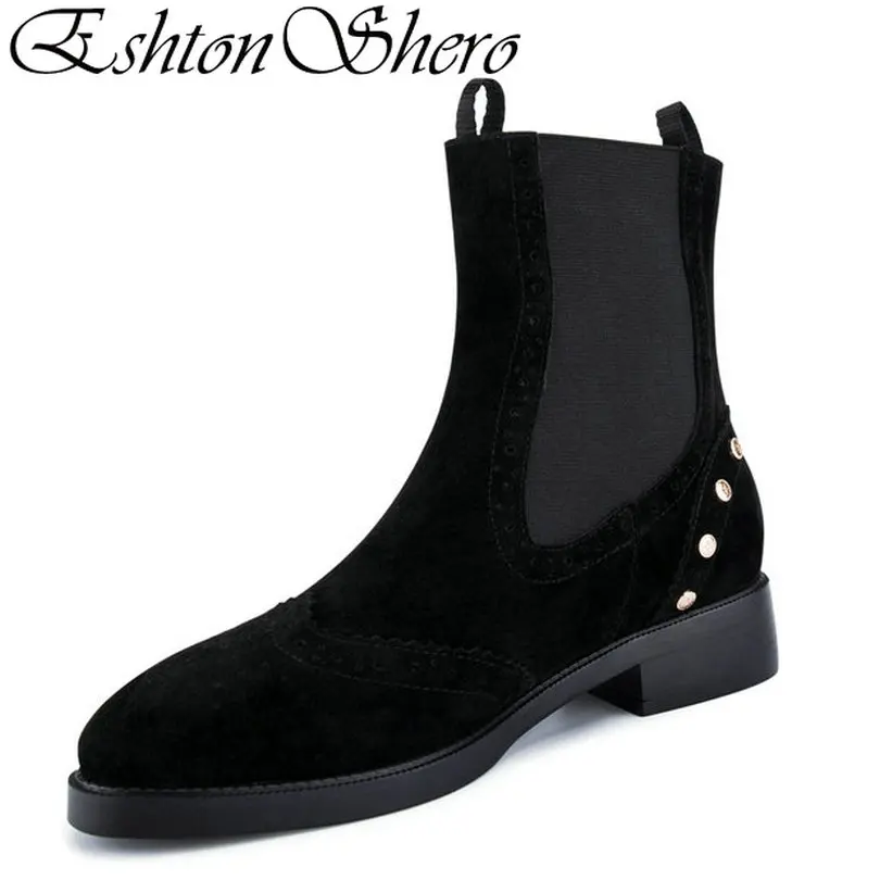 

EshtonShero Woman Shoes Flock Ankle Boots Platform Low Heel Fashion Slip On Women Pointed Toe Ladies Motorcycle Boots Size 34-39