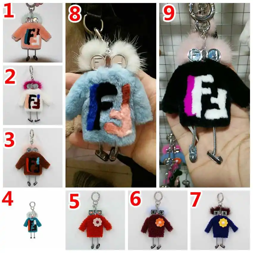 

Genuine Silver Robot Luxury Bag Charm Keychain Women Handbag Witch Bug Monster Real Rabbit Fur F Letter Key Chains wholesale