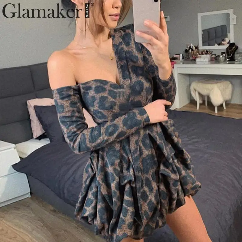 

Glamaker Sexy one shoulder Leopard ruffles dress Women v neck autumn short dress elegant Female long sleeve bodycon party dress