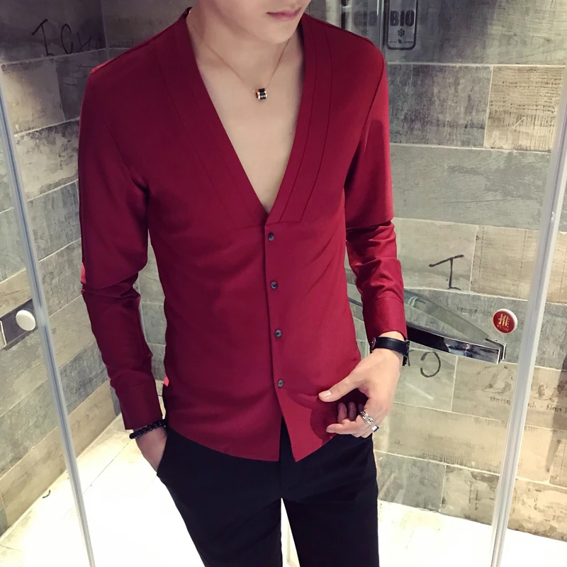  New Fashion V-Neck Shirts men White Wine Red Black Slim fit Elegant Men Dress Shirt Size 3XL