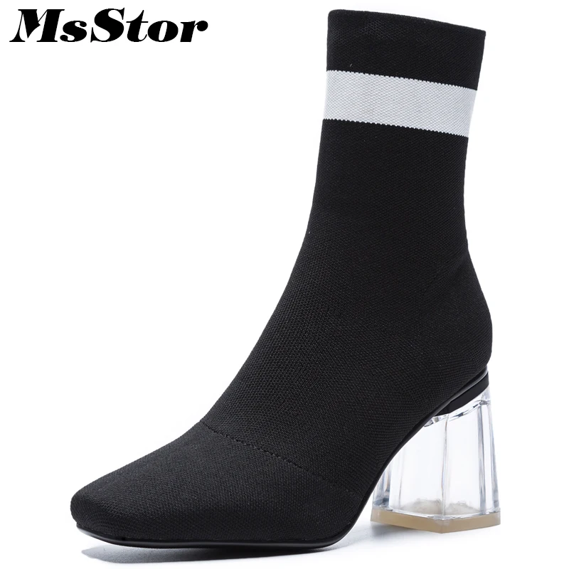 

Msstor Women Boots Fashion Crystal Heel Ankle Boots Women Shoes Square Toe High Heel Boots For Girl Square heel Boot Shoes Woman