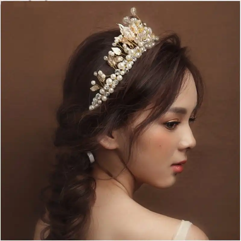 Gold Leaves Baroque Vintage Hair Tiara Crown Handmade Beaded Bride