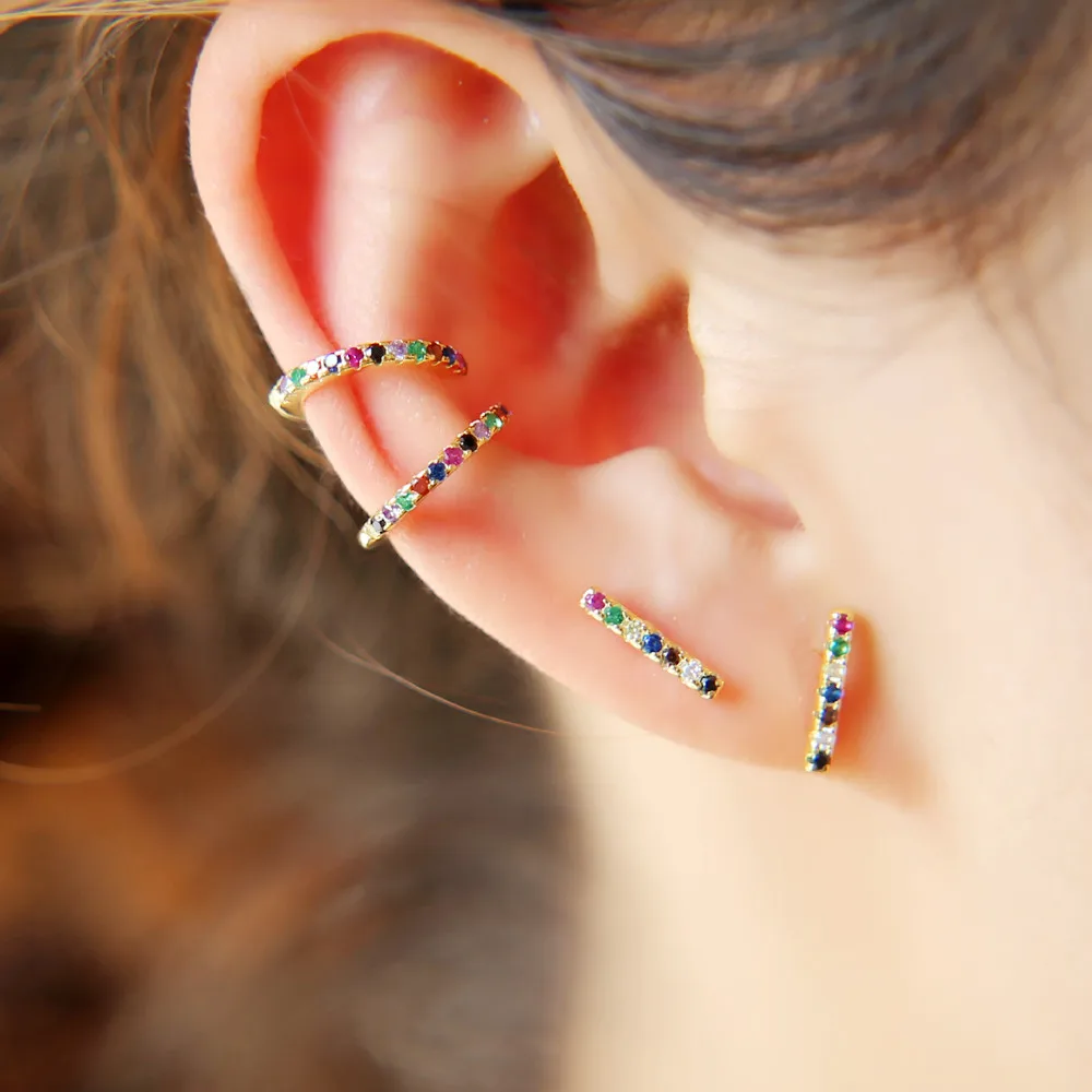 Настоящее 925 пробы, серебро, минимальное, тонкое, изысканное, cz бар, круг, геометрический дизайн, серьги, Радужный цвет, для женщин, ювелирное изделие