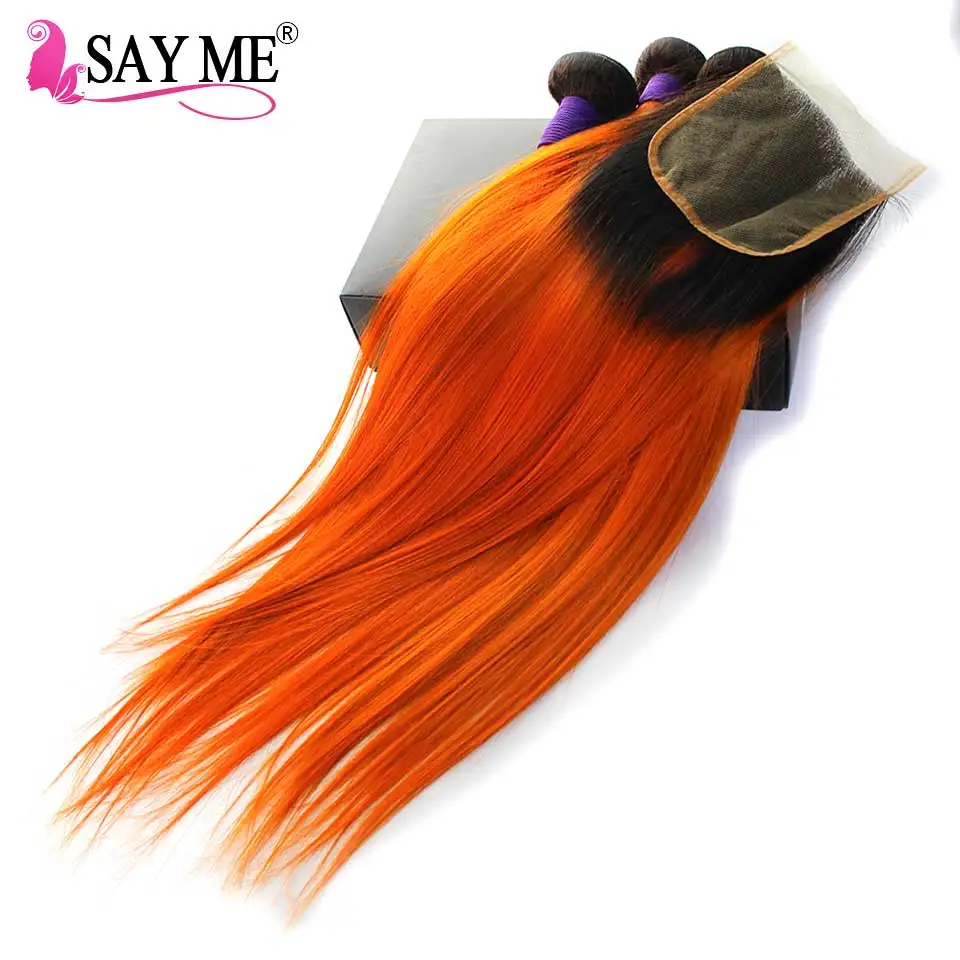 1B/оранжевый малазийские волосы пучки с закрытием прямые волосы пучки с закрытием Remy Ombre натуральные волосы пучки с закрытием 4 шт