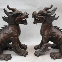 Bi001403 " Лаки Китайский Бронзовый Fly Dragon единорог Kylin Чи-лин Цилинь Статуя Пара
