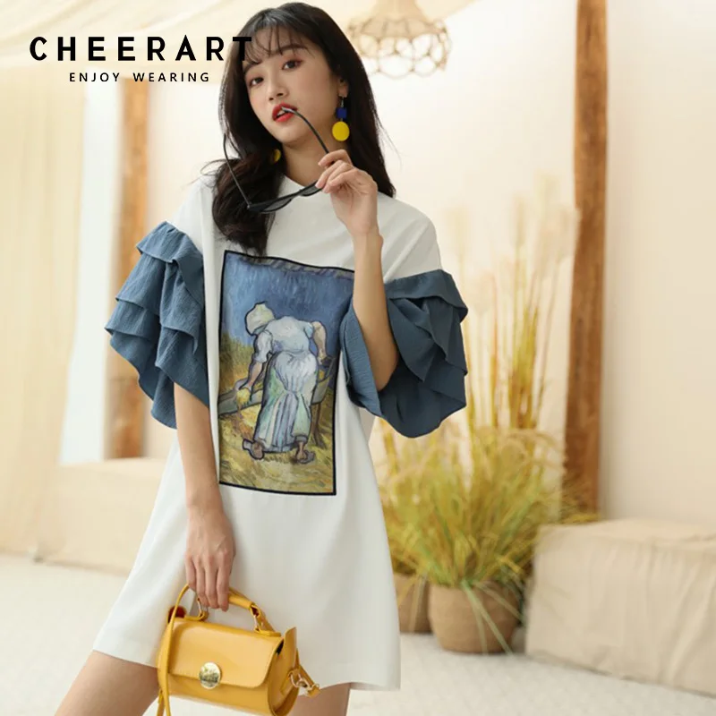 

Cheerart T Shirt Dress Women Summer Ruffle Sleeve Mini Dress Pattern Print Casual Designer White Dress Fashion Clothes Women