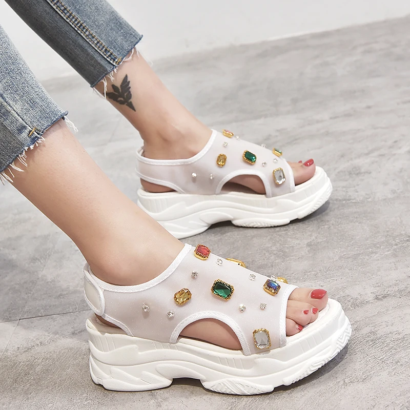Zatsop New Gemstone Chunky Sandals Women sandales femme 2019 Crystal Platform Flat Sandals Ladies White Yellow Pink Summer Shoes