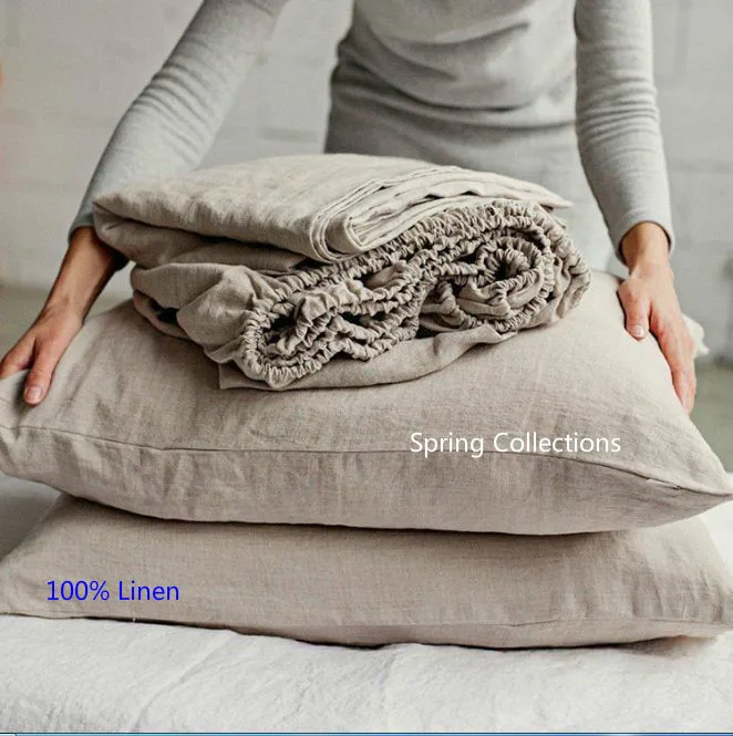 150*200/180*200cm Pure Linen Fitted Sheet Waterwash Linen bedding Antibacterial cloth sheets with 1pair pillowcase