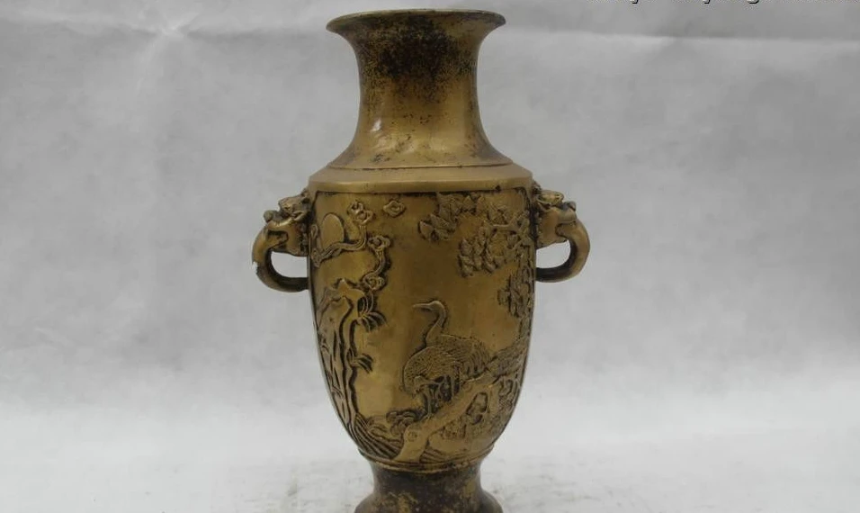

13"Chinese Folk Pure Bronze Lucky excellent beautiful Two crane Lion Vase