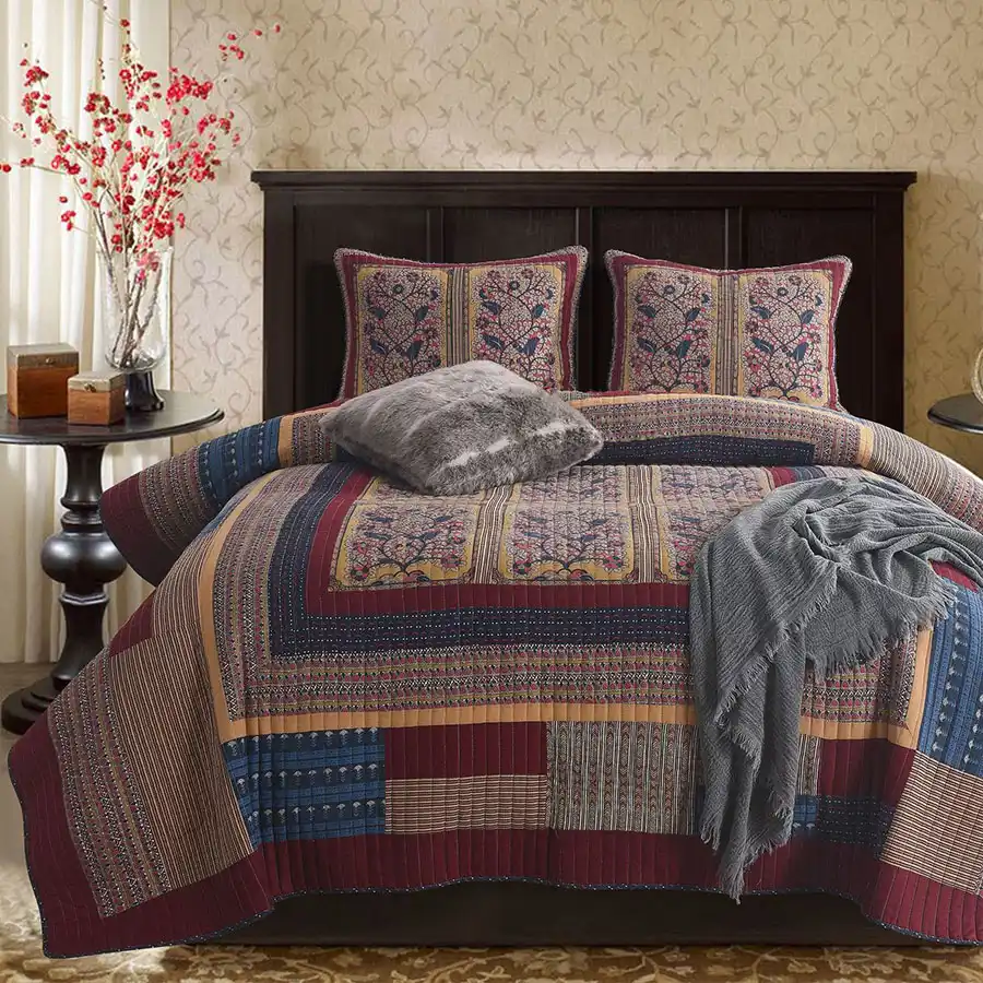 Vintage Patchwork Bedspread Quilt Set 3pcs Bedding American Cotton