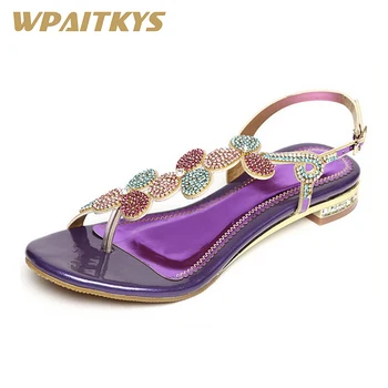 

2018 Rhinestone Women's Sandals Purple Golden Two Colors Available Sweet Buckles Leather Low-heeled Crystal Shoes Women Wedding