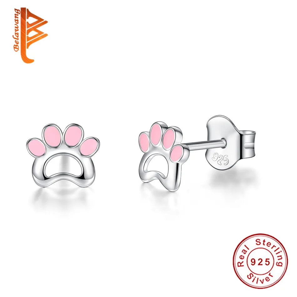 

Lovely 925 Sterling Silver Stud Earrings Pink Enamel Pet Footprint Stud Earrings For Women Kids Girl Fashion Silver Jewelry