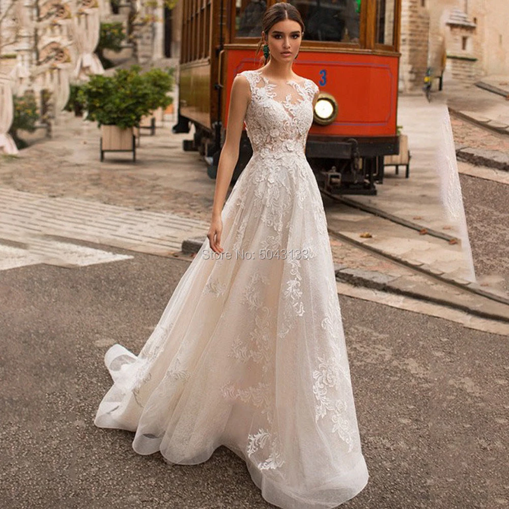 Свадебные платья в стиле бохо, кружевное свадебное платье с коротким шлейфом, на пуговицах, с иллюзией на спине, элегантное кружевное ТРАПЕЦИЕВИДНОЕ свадебное платье, vestido de noiva