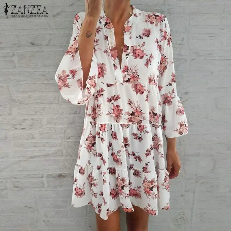

ZANZEA Women Sexy Deep V Neck Mini Dress Bohemian Sundress Floral Printed Long Shirts Vestidos Ladies Flare Sleeve Summer Dress