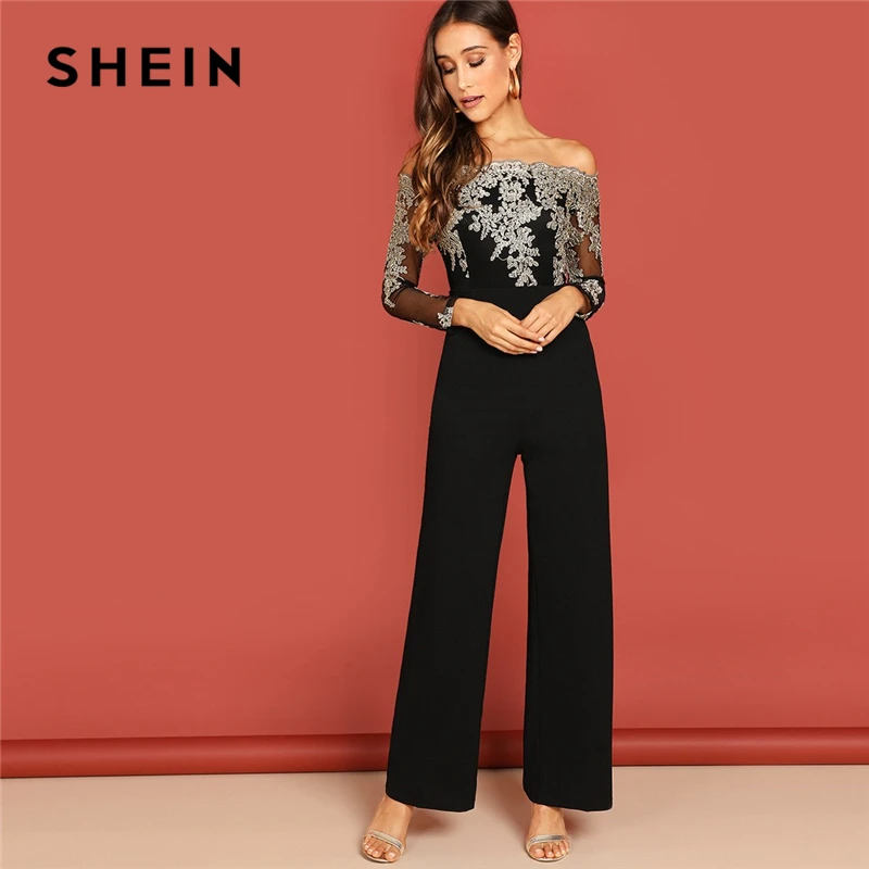 SHEIN Комбинезон С Вышивкой И Открытыми Плечами Женский Летний Черный Элегантный
