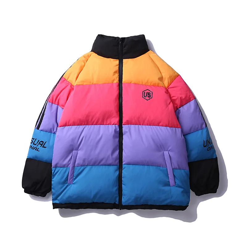 

Men Women Hip Hop Winter Thick Parkas Harajuku Rainbow Color Block Windbreaker Streetwear Warm Jackets Coat Outwear