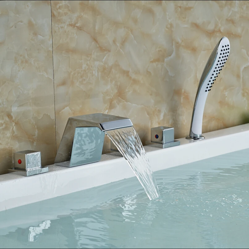Polished Chrome Widespread 5pcs Bath Tub Shower Faucet Set Deck Mount Tub Mixer Taps with Handshower