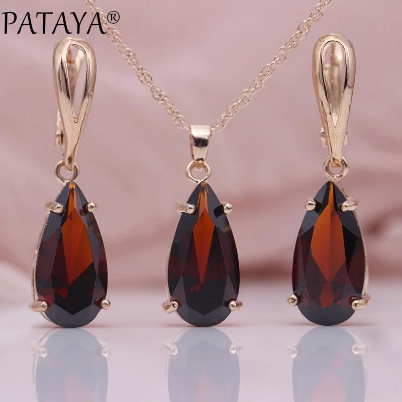 PATAYA New Blue Water Drop Earrings Pendants Necklaces Sets 585 Rose Gold Natural Zircon For Women Fashion Wedding Jewelry Set - Окраска металла: Pomegranate Red