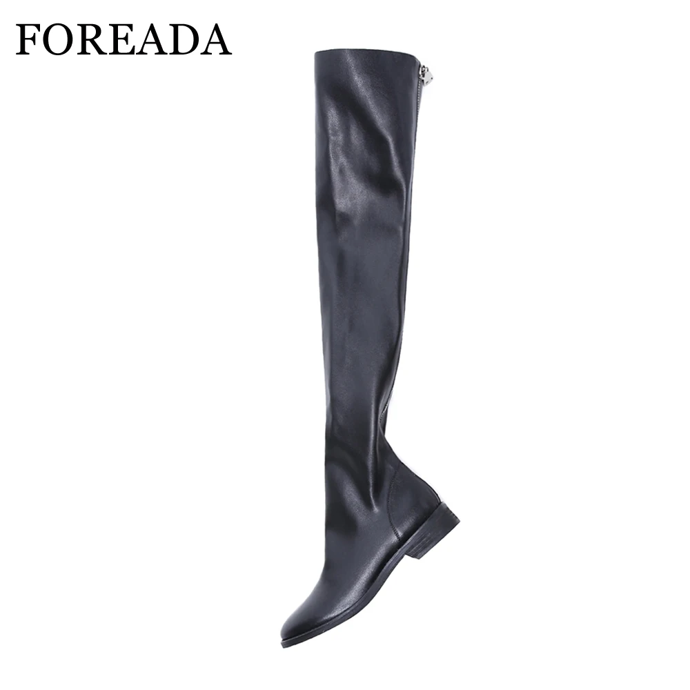 Kopen FOREADA Lederen Schoenen Stretch Over De Knie Laarzen Flats Dij Hoge Laarzen Rijlaarzen Winter Rits Herfst Schoenen Zwart