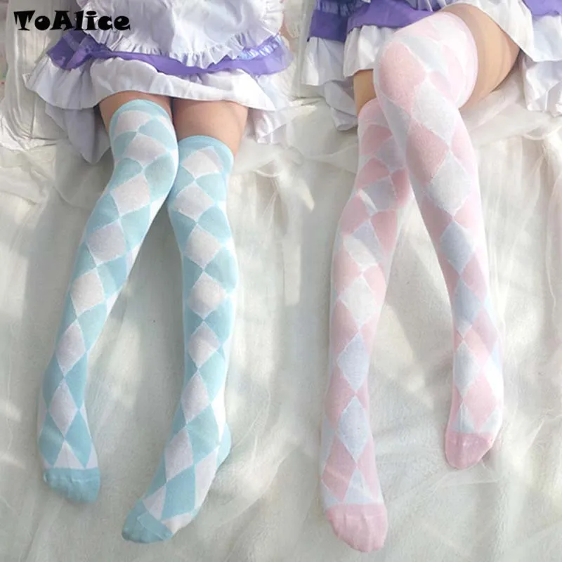 

New Women Girls Over Knee Long ARGYLE CHECK Printed Thigh High Stockings DIAMOND Patterned Sweet Cute Warm Fashion HotSales