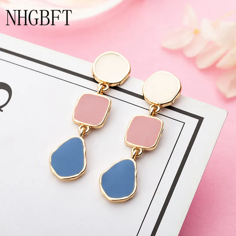 

NHGBFT New Round square Geometric Earrings For Womens Pink Blue Color Drop Earrings Party Jewelry