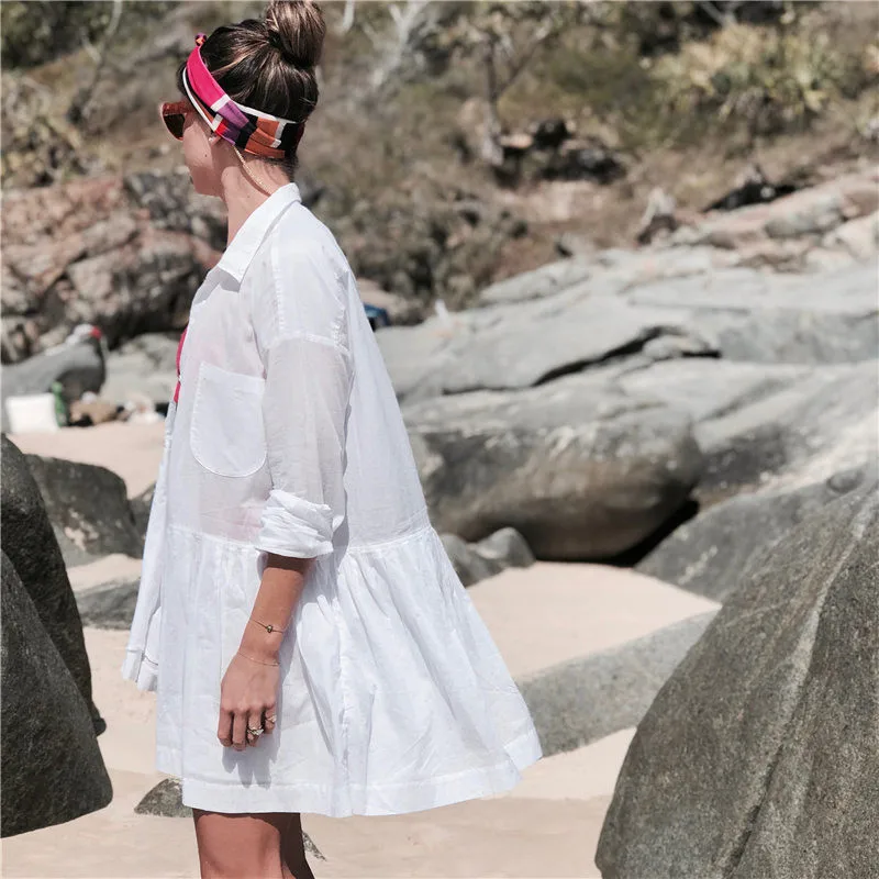 Women Swimsuit Cover Ups Mandarin Sleeve Kaftan Beach Tunic Dress Robe De Plage Solid White Pareo Beach Cover-ups  #Q429