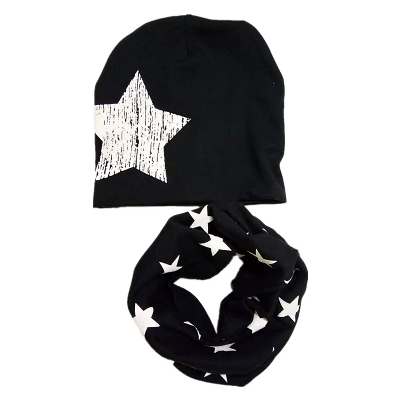 Новая Модная хлопковая шапка, шарф, звезда, сердце, клубника, самолет, детский шарф комплекты шапок для мальчиков и девочек, детские воротники, шапки, Детские кепки - Цвет: black white star