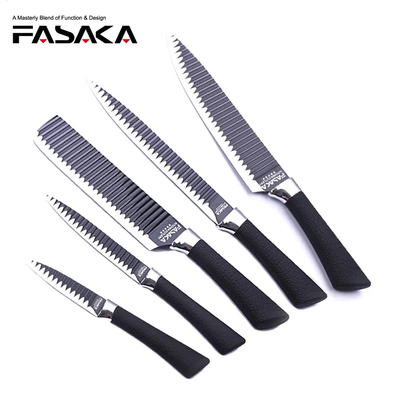 FASAKA Stainless Steel Black Kitchen Knives Set 5pcs 8" Chef 8" Carving