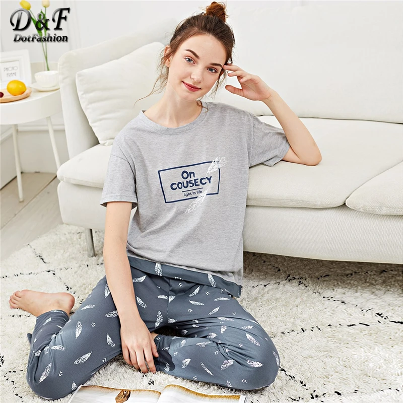 

Dotfashion Feather & Letter Print Pajama Set Summer Women Casual Round Neck Short Sleeve Nightwear Female Multicolor Sleepwear