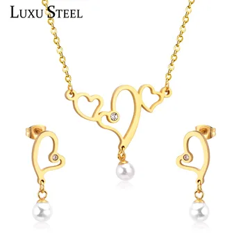 

LUXUSTEEL Cute Love Heart Jewelry Crystal Wedding Jewelry Sets For Women/Girl Gold/Silver Pendant Necklace Stud Earrings