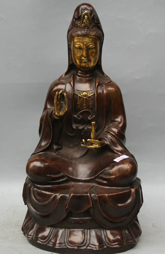 

15" China Buddhism Bronze Gilt Seat Lotus Kwan-yin Guan Yin Goddess Vase Statue