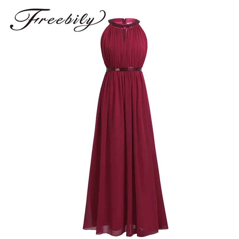 

2018 Freebily Chiffon Sequins Halter Women Ladies Wedding Party Dress High-waist Long Elegant Women Cocktail Prom Gown Dress
