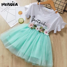 Menoea/платье для девочек; летнее Повседневное платье-футболка с короткими рукавами и буквенным принтом; 2 предмета; Сетчатое бальное платье принцессы для девочек; детская одежда