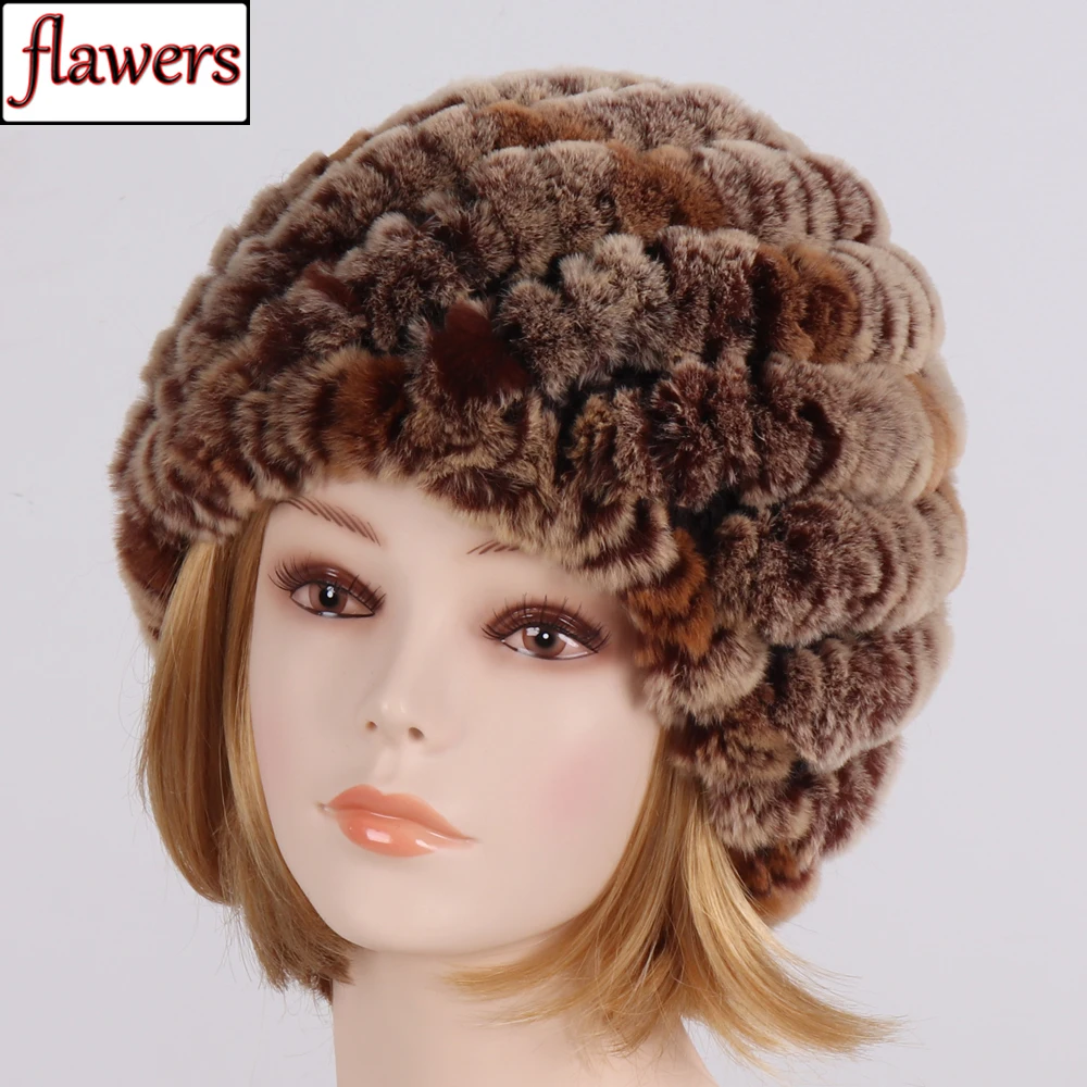 

Women Winter Knit Natural Real Rex Rabbit Fur Hat Ladies Warm Fluffy Real Rex Rabbit Fur Caps Knitted Genuine Fur Beanies Hats