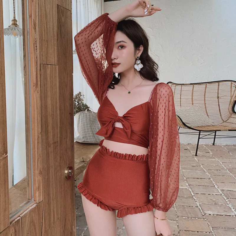

Two Piece Swimsuit Swim Women New 2019 Women's Summer Suit High Waist Korea Ins Block Girl White Long Sleeve Spandex Solid