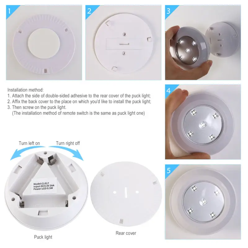 White Wireless 5 LEDs Remote Control Wall Lamp Puck Light Room Cabinets