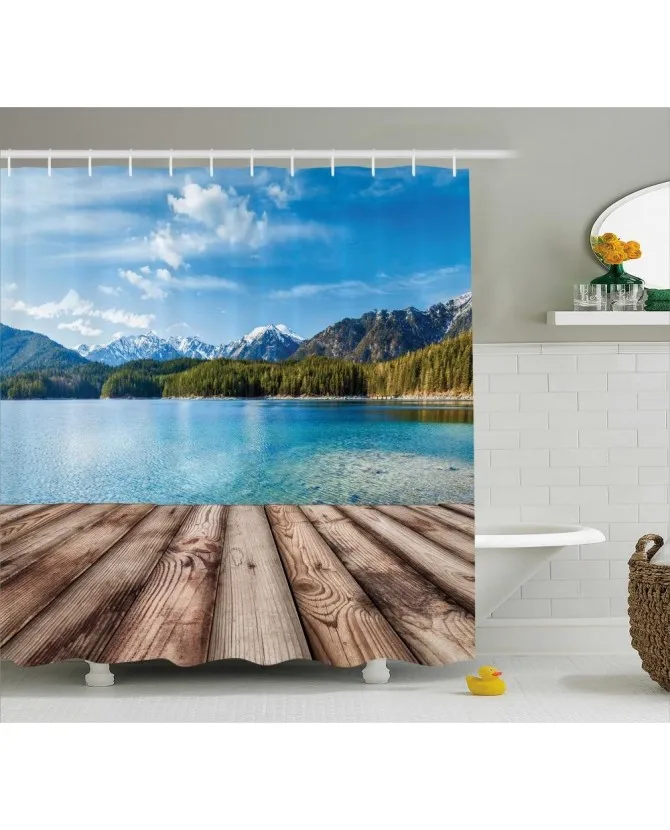 Nautical Shower Curtain Lake Forest Mountain Print For BathroomWaterproof And Fabric Washable