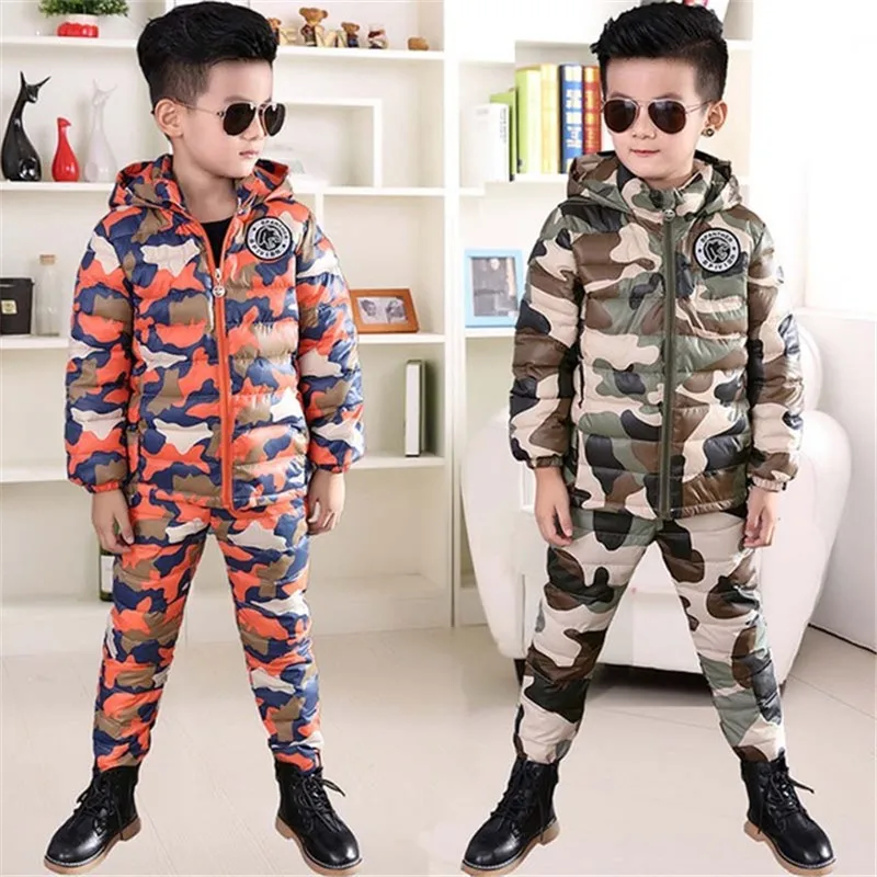 BINIDUCKLING Winter Suit For Boys Down Jacket Clothes Set Camouflage Hooded Thicken Warm Parkas+Pants for Kids Children |
