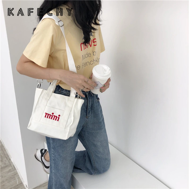 

Kafechy Canvas Small Crossbody Bag Women Letter Beach Handbags Shoulder Bag Tote Bag Fabric Cotton Cloth Reusable Messenger Bag