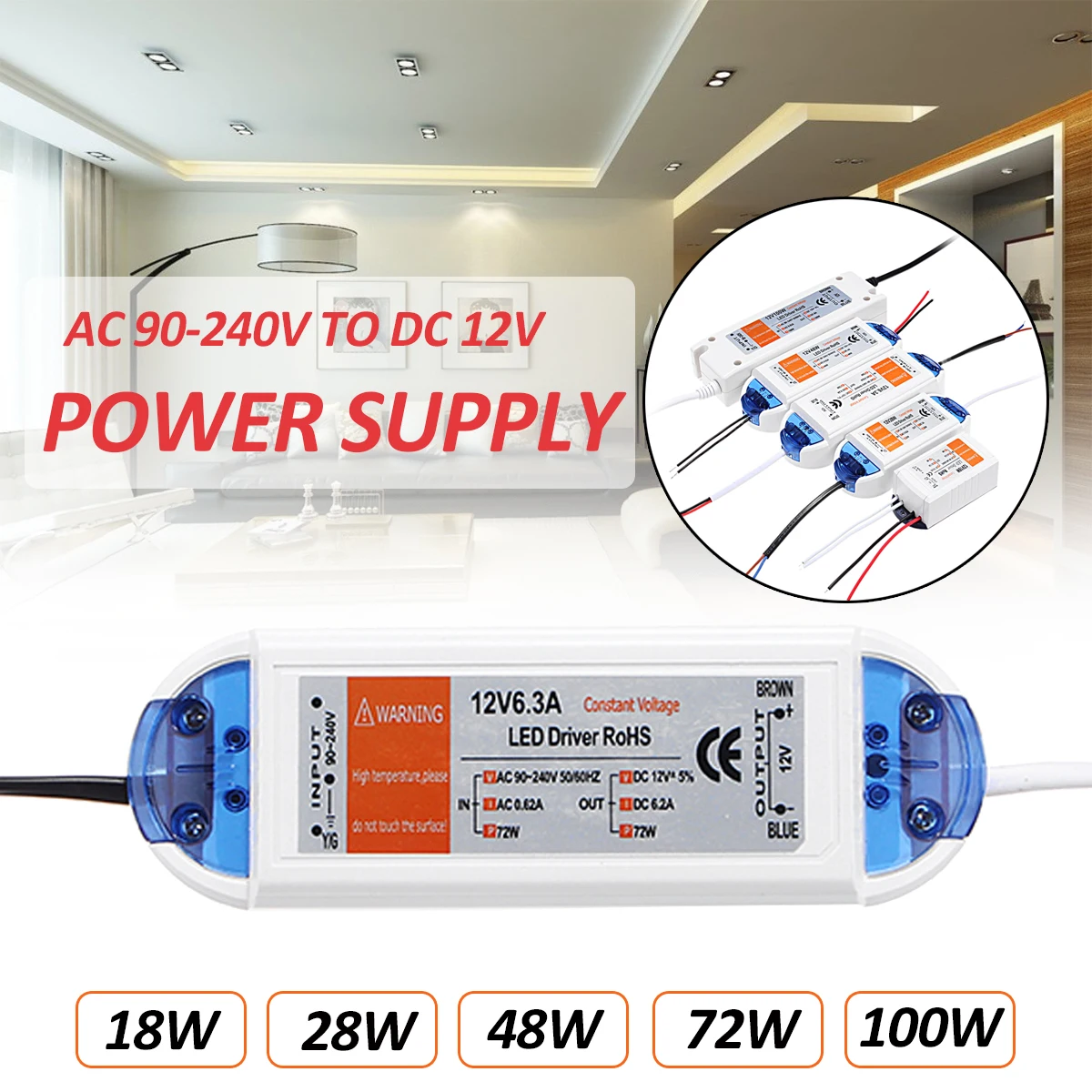 

18/28/48/72/100W LED Driver Power Supply 12V Drive Transformer Adapter for LED Strip Ceiling Light