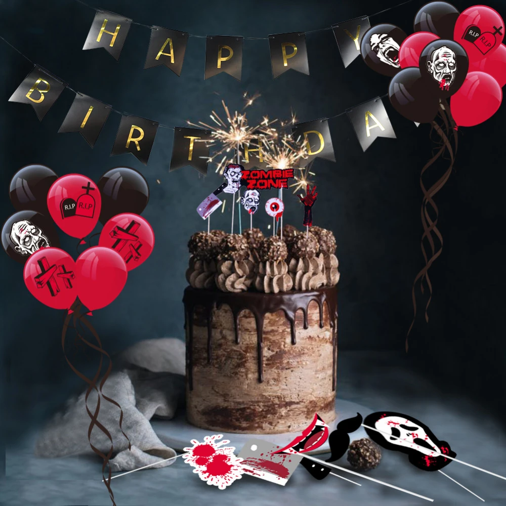 Fun Zombie Fete D Anniversaire Decoration Kit Marche Mort Fete Joyeux Bithday Banniere Photo Baton Accessoires Ballons Decoration De Gateau Aliexpress