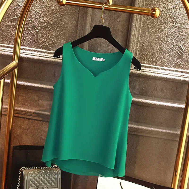 Модная Новая тонкая женская блузка Летний шифон без рукавов рубашка однотонная с v-образным вырезом Повседневная Блузка размера плюс 5XL свободные женские топы - Цвет: Dark green