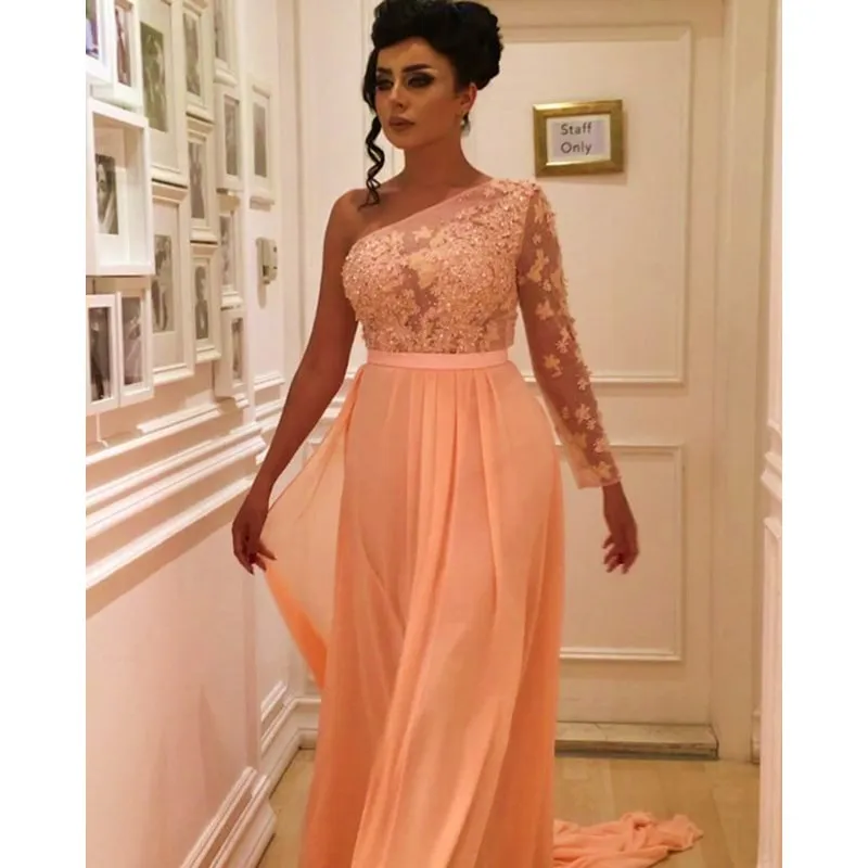 peach color evening gowns