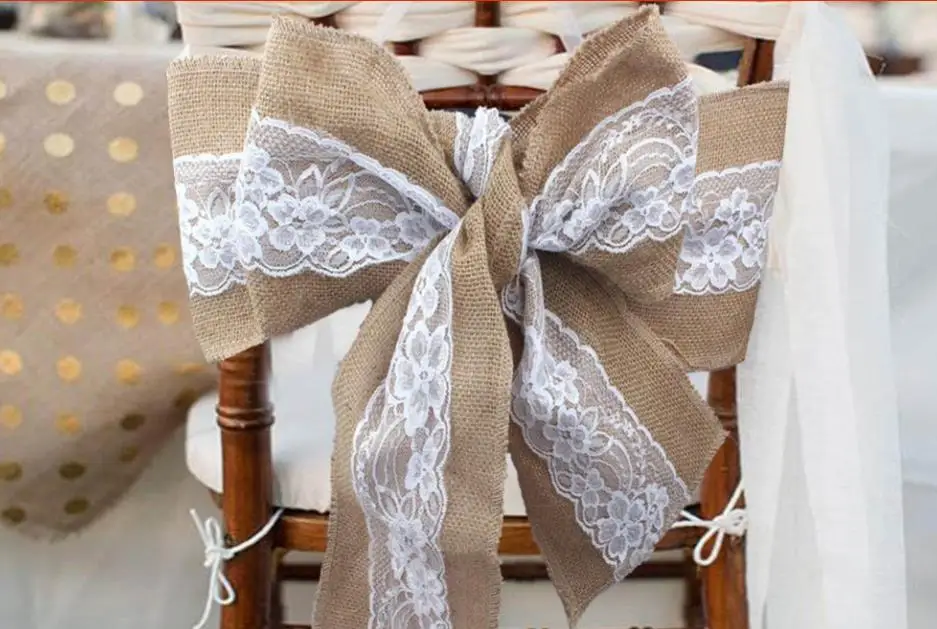 Clearance Naturally Elegant Burlap Lace Chair Sashes Jute Chair Tie Bow For Rustic Wedding Party Event Decoration 13