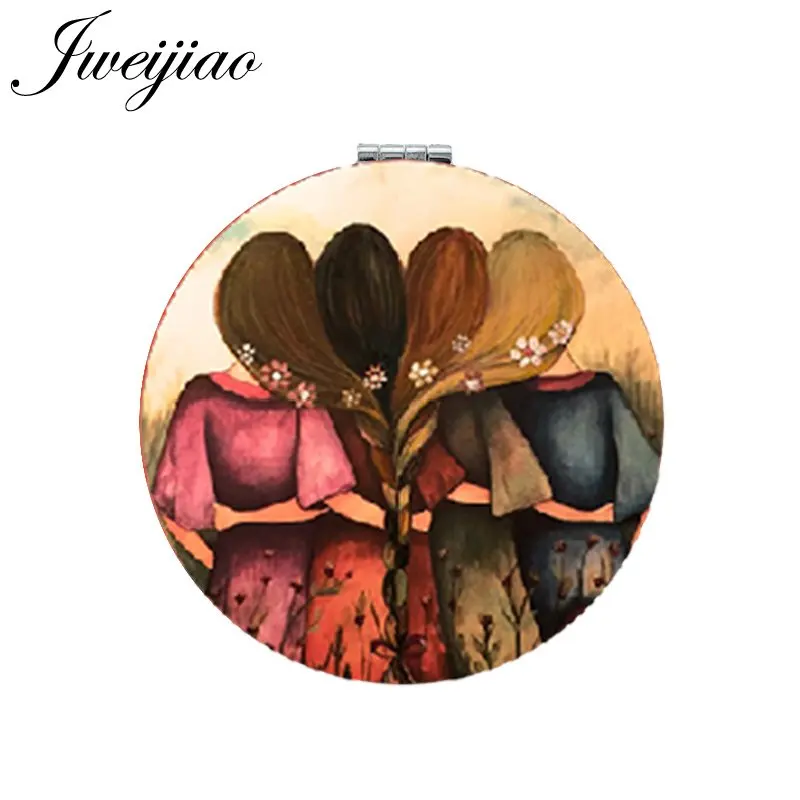 

JWEIJIAO Folding Round Mini 1X/2X Magnifying Mirror Love Sisters Cartoon Moive Image Printed PU Leather Makeup Mirror